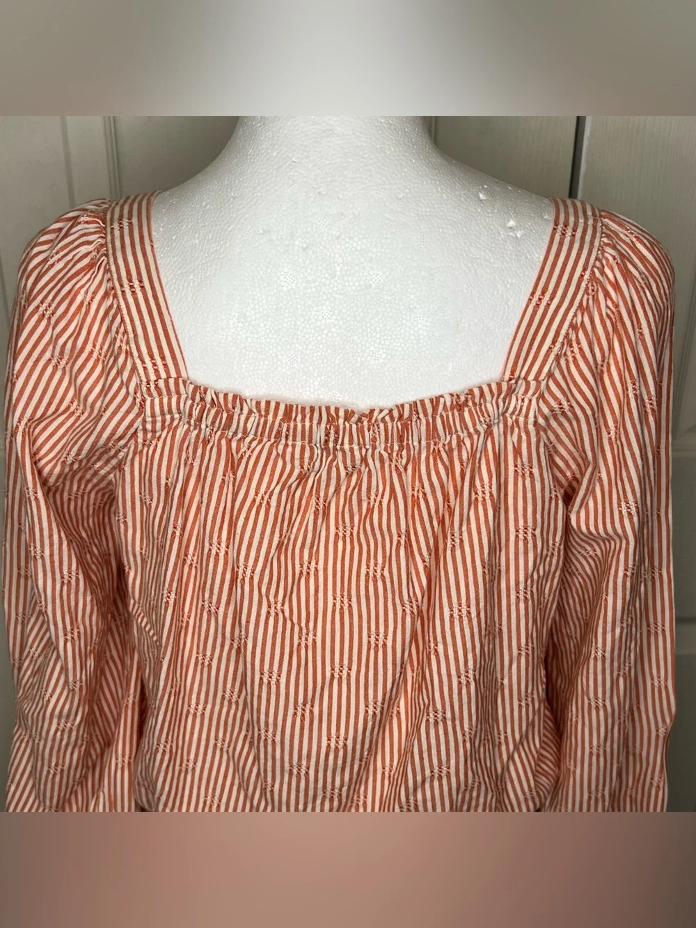 Madewell Orange/White Puff Long Sleeve Front Button Crop Women’s Top Sz M Ranch